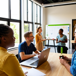 **

A vibrant, diverse group of employees collaborating in a modern, eco-friendly B-Corp office. Sunlight streams through large windows overlooking a green space. Some employees are brainstorming at a whiteboard, others are working on laptops, and a few are engaged in a casual conversation near a coffee station. The overall atmosphere is positive, inclusive, and focused on sustainability. The B-Corp logo is subtly visible in the background.

**