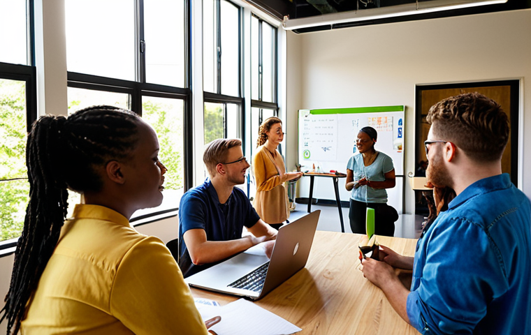 **

A vibrant, diverse group of employees collaborating in a modern, eco-friendly B-Corp office. Sunlight streams through large windows overlooking a green space. Some employees are brainstorming at a whiteboard, others are working on laptops, and a few are engaged in a casual conversation near a coffee station. The overall atmosphere is positive, inclusive, and focused on sustainability. The B-Corp logo is subtly visible in the background.

**