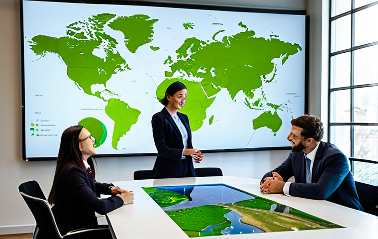 A diverse group of business professionals, including individuals appearing Italian, American, and from emerging economies, are gathered around a modern, luminous collaborative table. They are deeply engaged, observing interactive displays showing a global map intertwined with lush green landscapes and vibrant community scenes, symbolizing social and environmental impact. Subtly integrated data visualizations represent balanced economic growth. All individuals are fully clothed in professional business attire, demonstrating modest clothing. The setting is a bright, contemporary workspace with natural light and a collaborative atmosphere.
    *   **Quality Modifiers**: professional photography, high resolution, soft lighting, natural pose, perfect anatomy, correct proportions, well-formed hands, proper finger count, natural body proportions.
    *   **Safety Modifiers**: safe for work, appropriate content, fully clothed, professional, modest clothing.